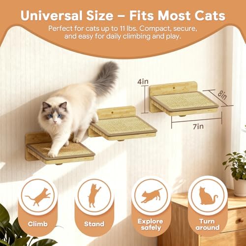 3Pcs 8"×7" Cat Wall Steps - Cat Stairs for Wall, Ladder Natural Wood with Fixtures,Turn Around or Climbing or Playing for Kittens and Adult Cats - Image 3