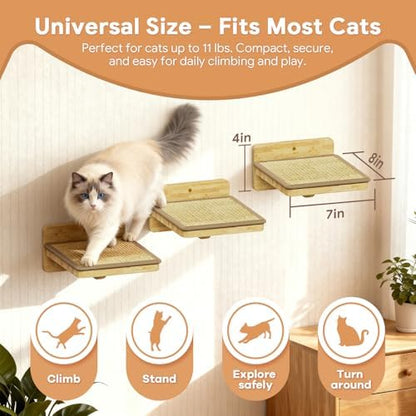 3Pcs 8"×7" Cat Wall Steps - Cat Stairs for Wall, Ladder Natural Wood with Fixtures,Turn Around or Climbing or Playing for Kittens and Adult Cats - Image 3