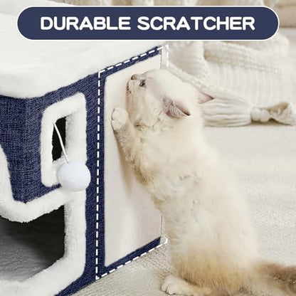 Cat Houses for Indoor Cats, Covered Cat Cave Bed with Scratch Pad and Fluffy Ball, Foldable Cat Hideaway Condo for Large Cats, Modern Kitten Bed,16.5x16.5x13 inches (Blue, Large) - Image 7