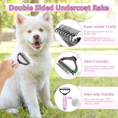 Dog Brush Grooming Kit 6PCS Dog Brush for Shedding-Dogs Brushes for Grooming, Dematting Comb for Dogs, Nail Clipper with Nail File, Flea Comb, Cat Bath Brush-Pink - Image 4