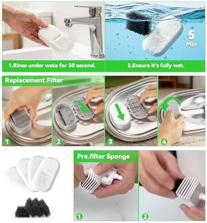 Cat Water Fountain Filter Replacement: 8 Carbon Filters & 8 Foam Sponges Kitty Spout Pump Filters for 108Oz/3.2L & 67Oz/2L Stainless Steel Pet Water Dispenser Cat Dog - Image 5