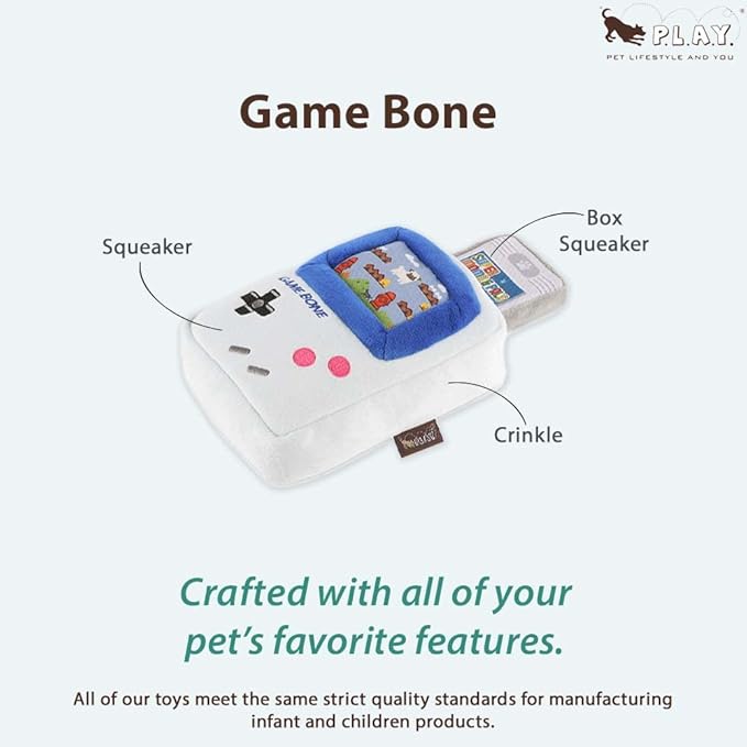 P.L.A.Y. Cute Plush Dog Toys - 1990s Classics Themed Durable 2-in-1 Squeaker Chew Toy, Great for Puppies & Small, Medium, Large Dogs - Machine Washable, Recycled Material (Game Bone Handheld Console)