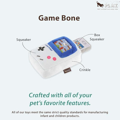 P.L.A.Y. Cute Plush Dog Toys - 1990s Classics Themed Durable 2-in-1 Squeaker Chew Toy, Great for Puppies & Small, Medium, Large Dogs - Machine Washable, Recycled Material (Game Bone Handheld Console)