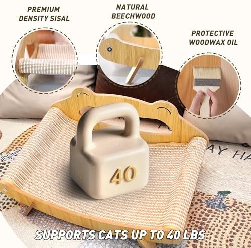 Sisal Cat Scratcher Bed with Hammock, Solid Wood Frame Cat Scratch Pad & Lounger for Indoor Cats, Durable Natural Sisal Cat Furniture Protector for Scratch, Rest and Sleep(Large) - Image 4