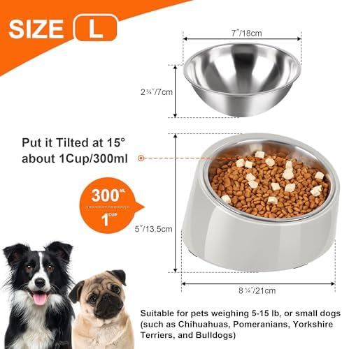 Tilted Dog Bowl Non-Slip & Non-Spill Pet Feeder with Elevated Detachable Melamine Stand, Easy to Get Food Dog Dish, L/300ml White - Image 2