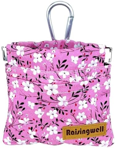 Raisingwell Dog Treat Pouch, Small Cotton Pocket Sized Training Holder, Hand Free Walking Fanny Bag with Carabiner, Self-Closing Pet Feed Snack Reward, Behavior Aids for Puppy Travel or Outdoor Use by Raisingwell