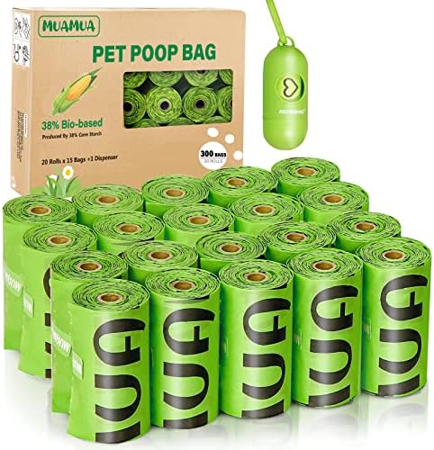 Biodegradable Dog Poop Bags 300 Count, 20 Rolls, Recyclable Waste with Dispenser, Large 9 x 13 Inches, Extra Thick, Leak Proof for Dogs and Cats by MUAMUABESTPETSUPPLIES