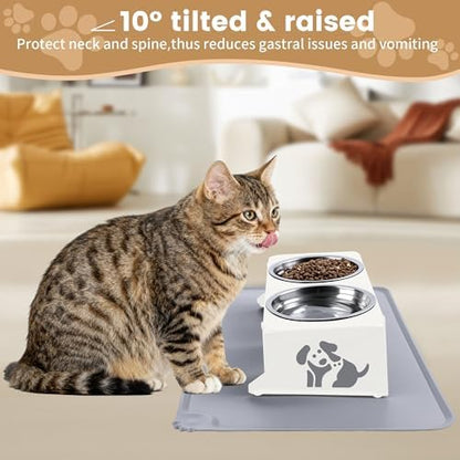 Elevated Cat Bowls with Food Mat,10° Tilted Anti-Vomiting Raised Cat Food Bowl for Small Cats and Puppies, Foldable 2 Stainless Steel Pet Bowl with Stand-Milky White - Image 2