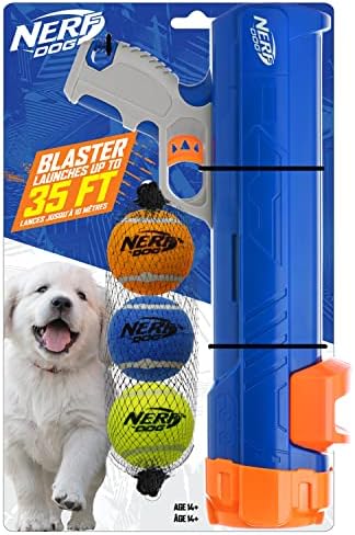 Nerf Dog 12in Blaster w/o Ball Clip 3 2in Squeak Tennis Balls - Opaque Blue/Orange/Gray and Orange and Blue and Green, Small by GramercyProductsInc