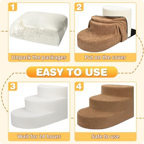 Dog Stairs 3 Steps Foam Pet Ramp for Small Dogs Cats, Khaki - Image 6