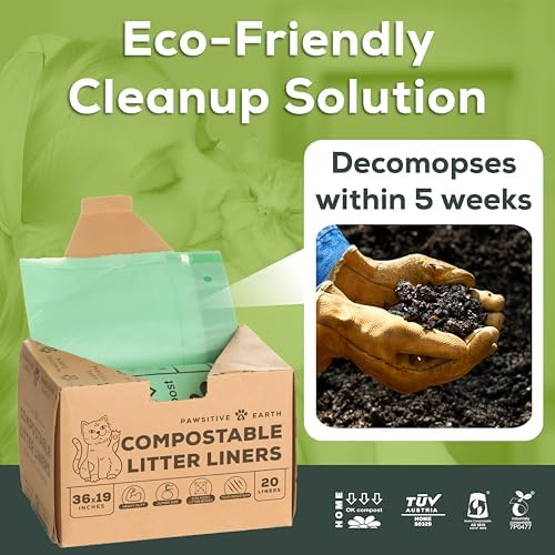 Cat Litter Box Liners 100% Compostable - Drawstring Close - 20 Count - Jumbo Size 36" x 19" - Tear & Leak Resistant - OK Compost Home Certified - Image 3