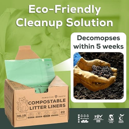 Cat Litter Box Liners 100% Compostable - Drawstring Close - 20 Count - Jumbo Size 36" x 19" - Tear & Leak Resistant - OK Compost Home Certified - Image 3