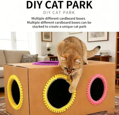 3-Pack Cat Self Groomer for Cardboard Box, Scratch Brushes with Box, Interactive Cat Arch Self Groomer with Scratching Pad, DIY Grooming Brush Ring, Hideouts & Enrichment Play (Purple Pink Yellow) - Image 3