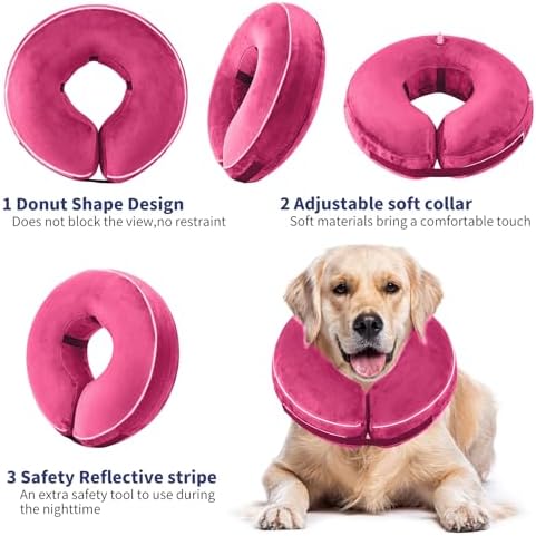 Inflatable Reflective Dog Cone Collar Alternative After Surgery,Doggie Recovery Dount Neck Ecollar,Adjustable Soft Dog Cone Collar for Small Medium Large Dogs (Pink, XL) - Image 2