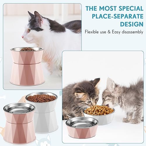 Lallisa 2 Pcs Elevated Cat Bowls Adjustable Raised Cat Feeder Non Slip Food Water with Stand Safe Stainless Steel Bowls with Pet Food Stand for Pets Feeding Eating(Pink, White) - Image 6