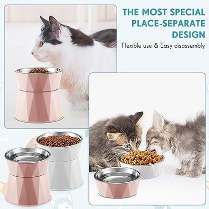 Lallisa 2 Pcs Elevated Cat Bowls Adjustable Raised Cat Feeder Non Slip Food Water with Stand Safe Stainless Steel Bowls with Pet Food Stand for Pets Feeding Eating(Pink, White) - Image 6