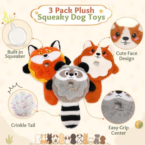 3-Pack Plush Squeaky Dog Toys with Crinkle Tails - Image 2