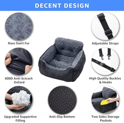 Oiilores Dog Car Seat for Small Dogs, Washable Pet Booster Seats with Clip-On Safety Leash, Comfy Deluxe Plush Carseat with Storage Pockets, Puppy Car Travel Carrier Bed for Dogs Under 25 lbs, Black - Image 3