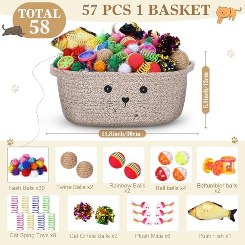 Zopeal 58 Pcs Cat Toy Set with Storage Basket Indoor, Dark Brown, 12 Inch - Image 2