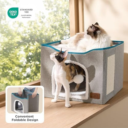 Bedsure Cat House Bed for Indoor Cats with Fluffy Ball and Scratch Pad,Blue - Image 4