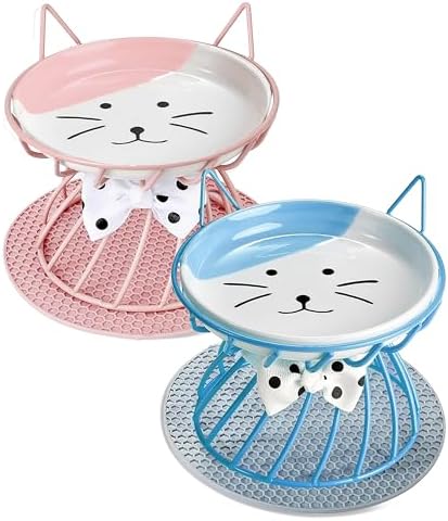 Set of 2 Elevated Ceramic Cat Dishes, Pink & Blue by Trundisan
