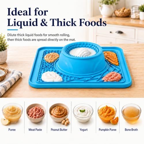 Mo'mota Slow Feeder Dog Bowls, 3-in-1 Freezer-Safe Lick Mat & Rolling Treat Ball, Anti-Spill Feeding Station for Dogs & Cats, 36 Strong Suction Cups, Food-Grade Silicone, Blue - Image 4