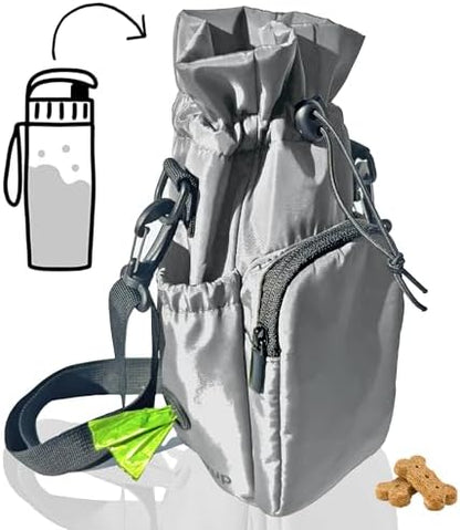 Waterproof Dog Walking Bag with Universal Water Bottle Holder, Built in Poop Bag Dispenser, Unisex Cross Body Treat Pouch for Hiking Training Sport (Gray) by ohRibbyPup