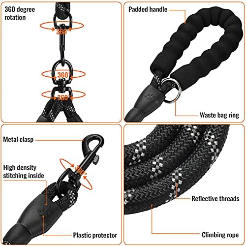 Double Dog Leash Reflective Detachable Coupler &360° Swivel Tangle Free,Heavy Duty Rope Leash Control with Padded Handle for Dual Large Medium Dogs Walking Running Training(Classic Black) - Image 3