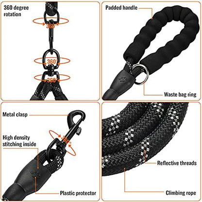 Double Dog Leash Reflective Detachable Coupler &360° Swivel Tangle Free,Heavy Duty Rope Leash Control with Padded Handle for Dual Large Medium Dogs Walking Running Training(Classic Black) - Image 3