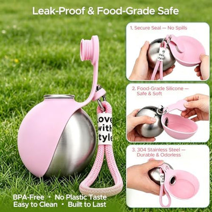 Stainless Steel Dog Water Bottle with Bowl, Portable Leak-Proof for Travel - Image 5