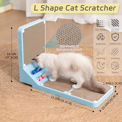 Cat Scratcher Cat Scratch Pad L Shape Wall Mounted Dual Use (Vert/Horiz) Kitten Bunifa Scratching Card Board Vertical Post with Ball Toys Feathers,Protecting Furniture Core is Replaceable Large Blue - Image 2