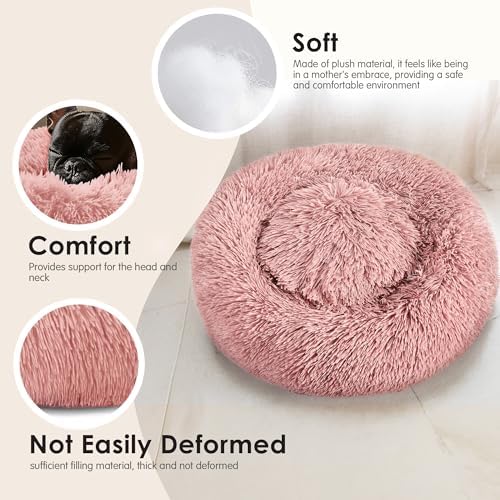 28in Large Dog Bed, Calming Donut Bed for Puppy and Kitten (Pink) - Image 4
