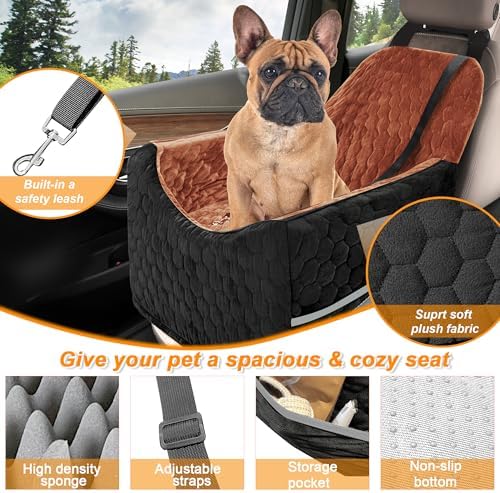 Dog Car Seat for Small/Medium Dogs, Memory Foam Dog Booster Seat, Travel Safety Per Car Seat with Washable Removable Cover, Storage Pockets for Dogs up to 35 lbs (Black/Red Brown, Small) - Image 3