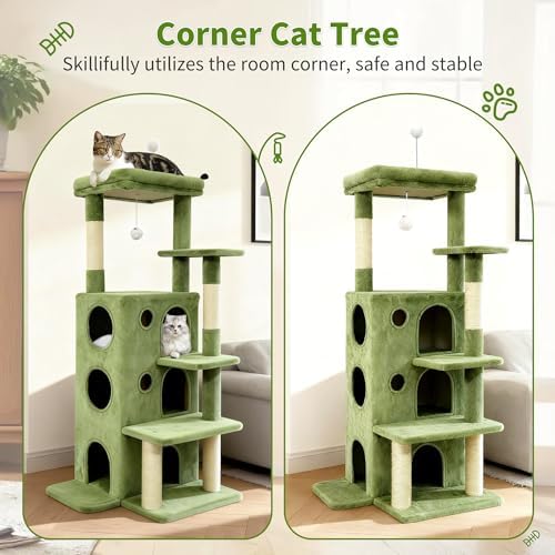 48" Cat Tree Tower for Indoor Cats, Multi-Level Cat House for Large Cats with 3 Cozy Cat Condos, Extra Large Top Perch, Sisal Scratching Posts & Climbing Steps, Green - Image 4