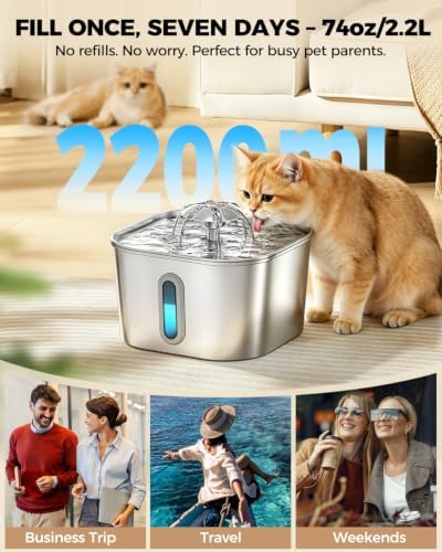 Cat Water Fountain Stainless Steel 74oz/2.2L with 6 Filters & 6 Sponges - Image 2