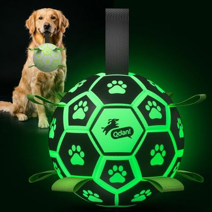 QDAN Glow in The Dark Dog Toys, Dog Soccer Ball with Straps, Night Play Fun by QDAN