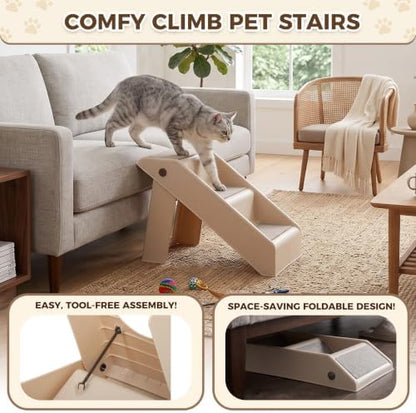 Foldable Dog Stairs 3-Step Pet Ramp Steps for Dogs and Cats, for Couch Sofa,High Bed Non-Slip Balanced Indoor Step Support, Yellowish - Image 7