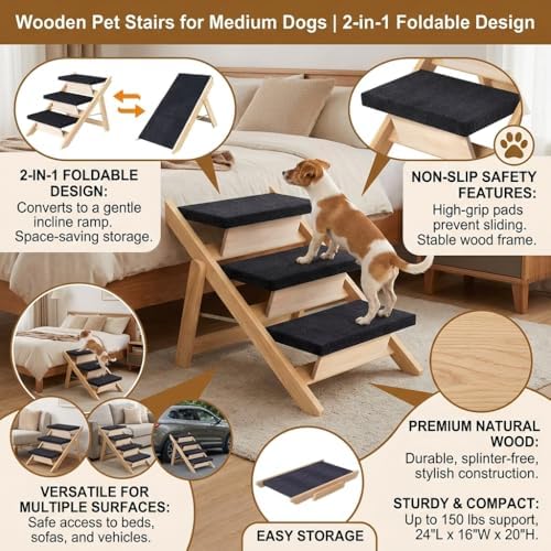 Wooden Pet Stairs for Medium Dogs, Foldable pet Stairs Dog Stairs Ramp with Non-Slip Pads, 3-Step Wood Cat Ladder for High Beds Sofa Dog Steps Couch Car, Portable Pet Steps Supporting up to 150 lb - Image 2