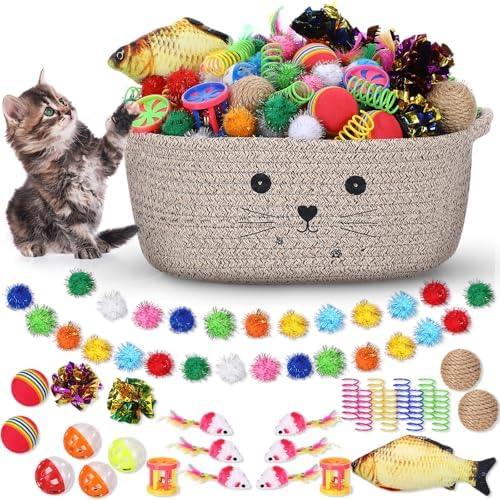 Zopeal 58 Pcs Cat Toy Set with Storage Basket Indoor, Dark Brown, 12 Inch by Zopeal