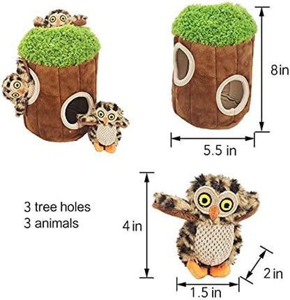 Glow Pups Dog Hide and Seek Toy, Interactive Burrow Dog Toy with Squeaker, Plush Owl in Tree for Small Dogs, Promotes Mental Stimulation, Woodland Style, Brown, 3-Pack