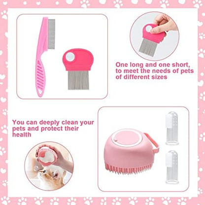 VCZONE 8 Pcs Cat Brush Grooming Kits, Pet Self Cleaning Kit with Pet Nail Clipper and File, Flea Comb, Pet Shampoo Bath Brush, Pet Shedding Brush, Silicone Toothbrush (Pink) - Image 6