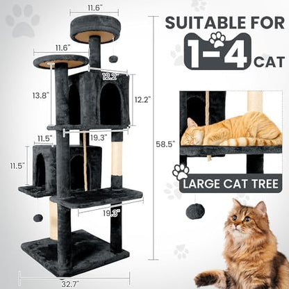 58.5inch Large Cat Tree Tower Condo for Indoor Cats, Soft Plush Multi-Level Climbing Tree Cat House with Cat Cave, Scratching Post, More Entrance/Exit, Sisal Rope, Deep Grey - Image 2