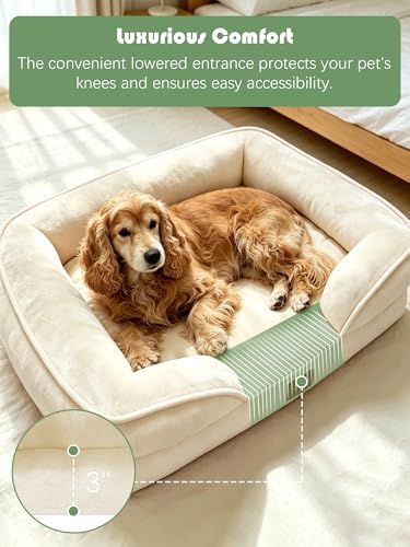 Spotted Play Orthopedic Dog Bed with Sides - Sofa Beds for Large Dogs, Supportive Foam Pet Couch Bed with Washable Removable Cover, Waterproof Lining and Non-Slip Bottom, Ivory - L - Image 3