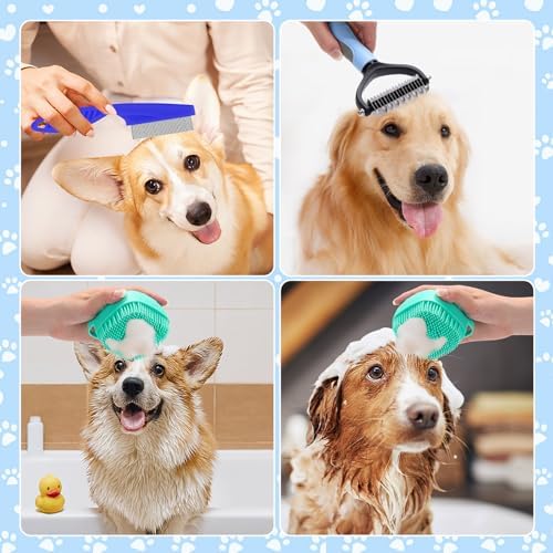 VCZONE 8 Pcs Dog Brush Grooming Kits, Includes Pet Nail Clipper and File, Flea Comb, Pet Shampoo Bath Brush, Pet Shedding Brush, Pet Dematting Comb, Silicone Toothbrush (Blue) - Image 4