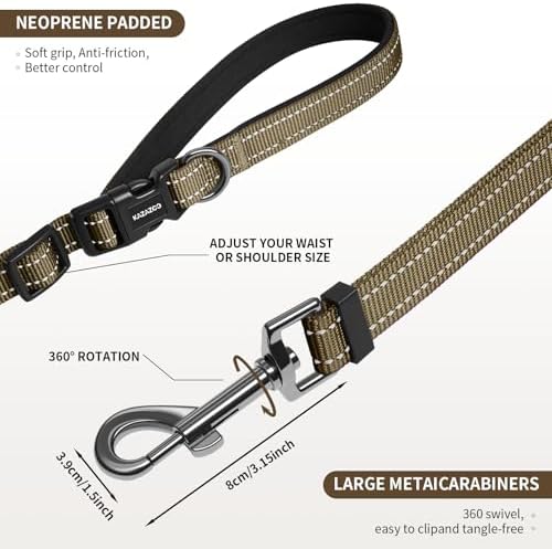 Kazazoo Hands-Free Adjustable Length 5-8 Ft Dog Leash, Crossbody & Waist for Dog Walking, Running for Dogs with Reflective Strips, Ballistic Nylon, Waist Belt Adjustable, Lightweight Brown M - Image 5