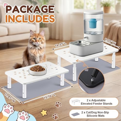 Dreyoo 2 Set Adjustable Cat Food Stand, White,Gray Mat - Image 2