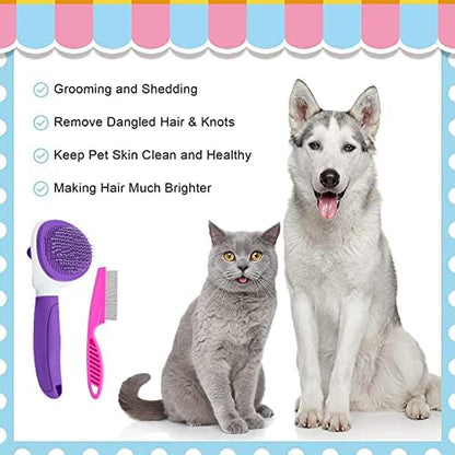 Cat Brushes for Indoor Cats, Dog Brush for Shedding with Metal Cat Comb, Self Cleaning Pet Hair Brush with Release Button for Grooming Kitten(Purple) - Image 4
