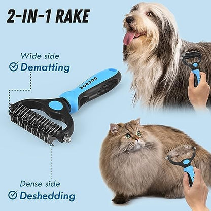 Docrok Pet Grooming Combo - Blue Deshedding Brush with Metal Comb for Detangling and Dematting Long, Matted Fur on Cats and Dogs - Image 2