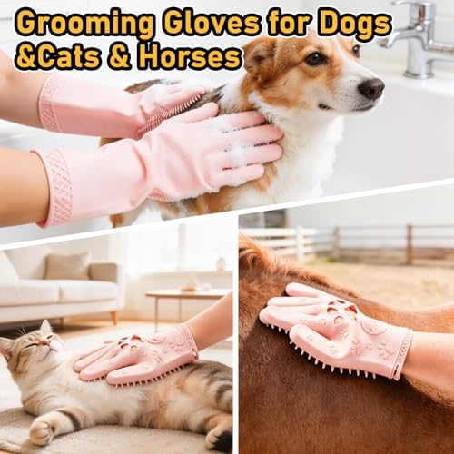 Hair Removal Glove & Pet Grooming Gloves 2 Pair, Upgrated Silicone Pet Hair Remover Gloves Shedding Glove for Long & Short Hair, Bath Grooming Glove with Gentle Brush for Horse Sensitive Pets, Pink - Image 5