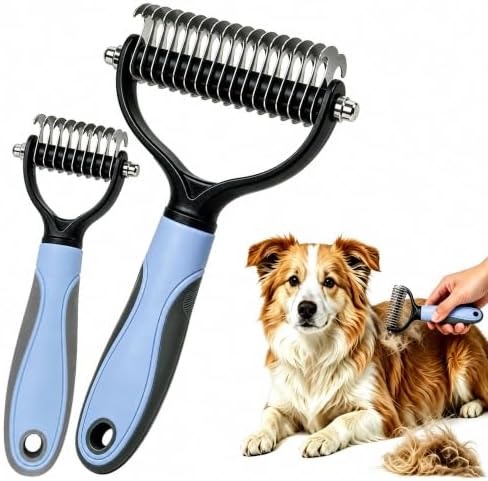 Pet Grooming Brush - Double-Sided Dematting Comb & Deshedding Tool for Dogs and Cats, Effortless Hair Removal, Ideal for Long-Haired Breeds, Reduce Shedding (2, Blue, Small+Large) by Unknown